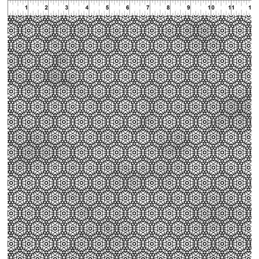 Geometric pattern of repeating circles and stars in simple black and metallic silver. Ruler for scale.