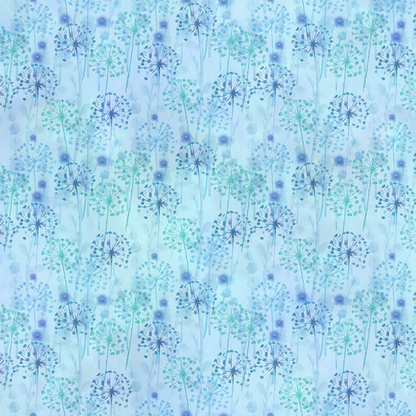 Pattern of blue and turquoise dandelions on a light blue background
