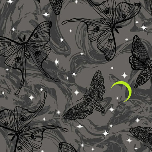 Pattern of black butterflies and stars on a gray background with a green crescent moon.