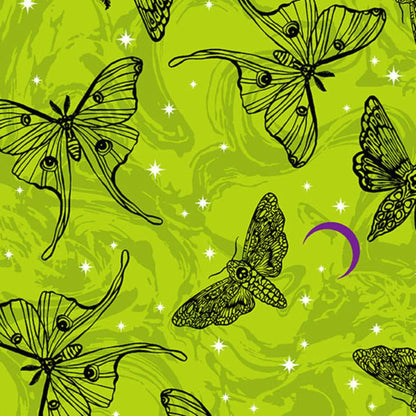 Black line-art moths on a green background with a purple crescent moon.