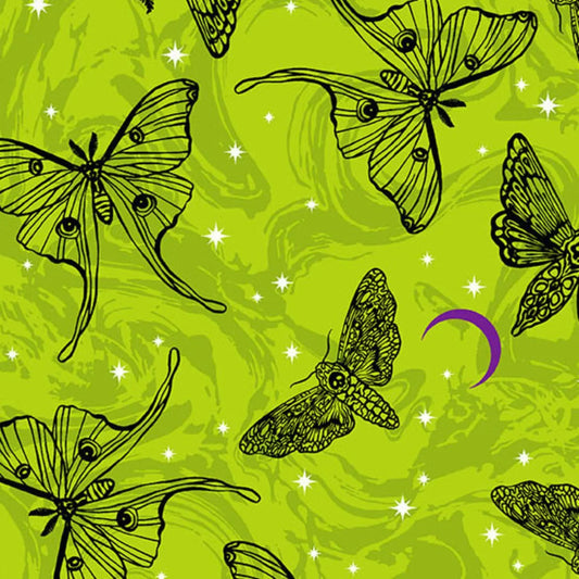 Black line-art moths on a green background with a purple crescent moon.