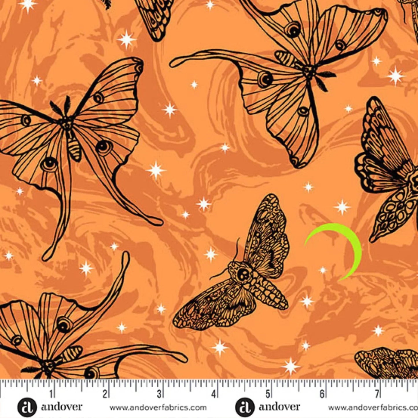 Black line-art moths on an orange background with a green crescent moon. Ruler for scale.