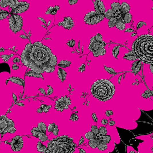 Black floral pattern accented with black bats on a pink background