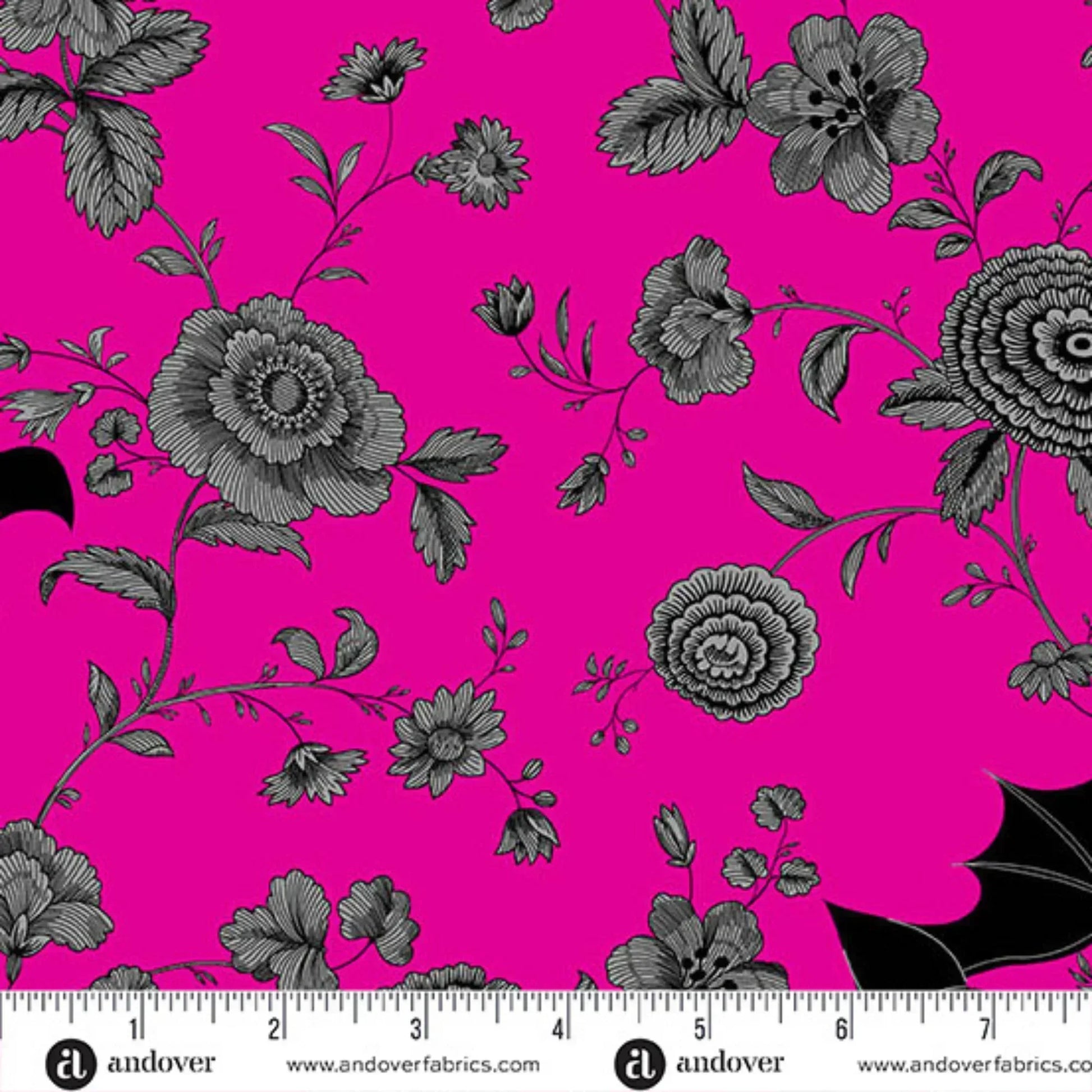 Black floral pattern accented with black bats on a pink background. Ruler for scale