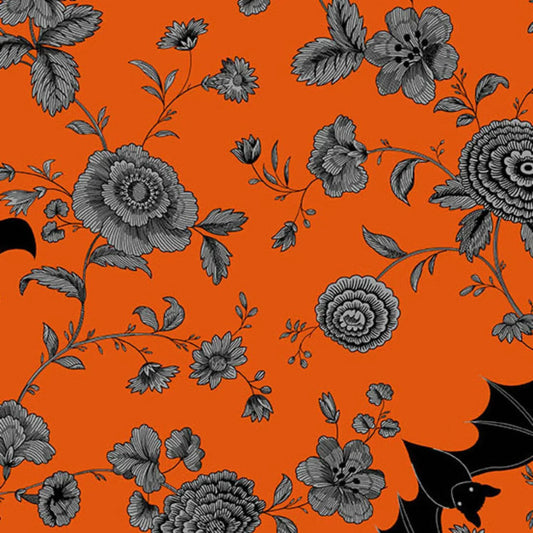 Black floral pattern on an orange background with black bats.