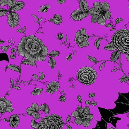 Black floral pattern on a purple background with black bats.