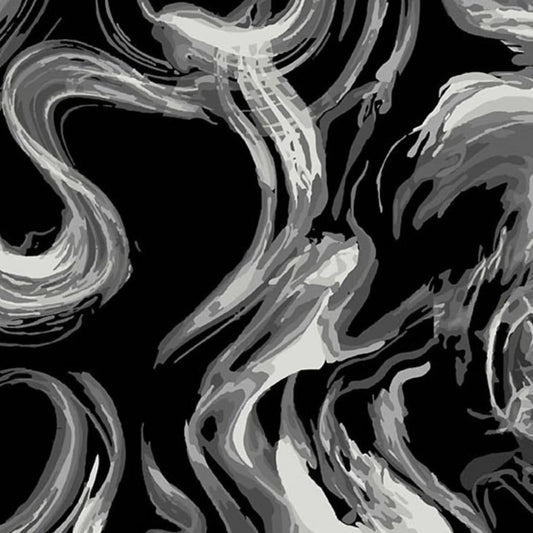 Black and white abstract smoky design on a black background
