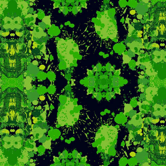 Abstract pattern of green skulls and paint splatters on a black background