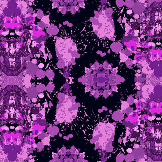Abstract pattern of purple skulls and paint splatters on a black background