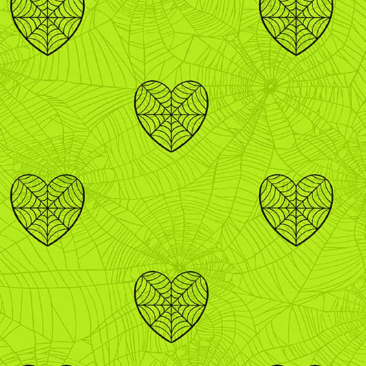 Black heart-shaped spider webs on a bright green background