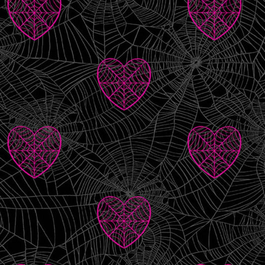 Pattern of pink heart shapes on spider webs against a black background
