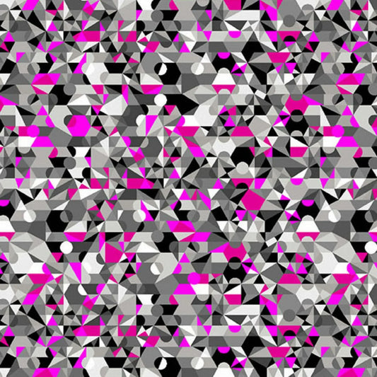 Geometric pattern with overlapping triangles and circles in black, white, and pink on a grey background
