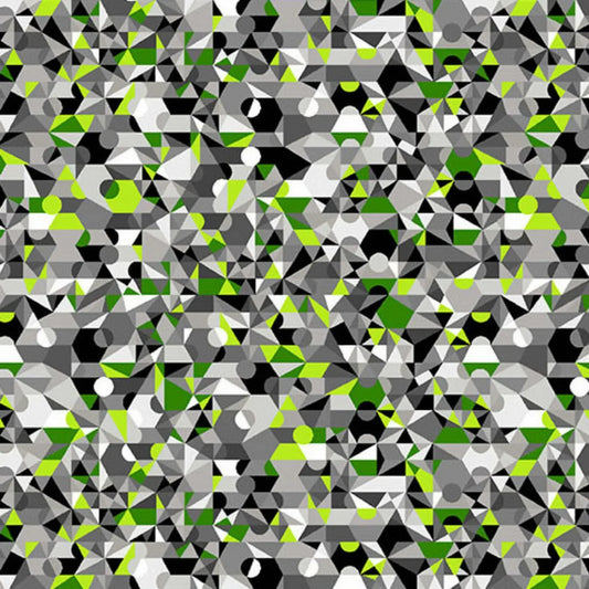 A busy, geometric design of overlapping circles and angular shapes in black, white, and grey tones, highlighted with vibrant green accents