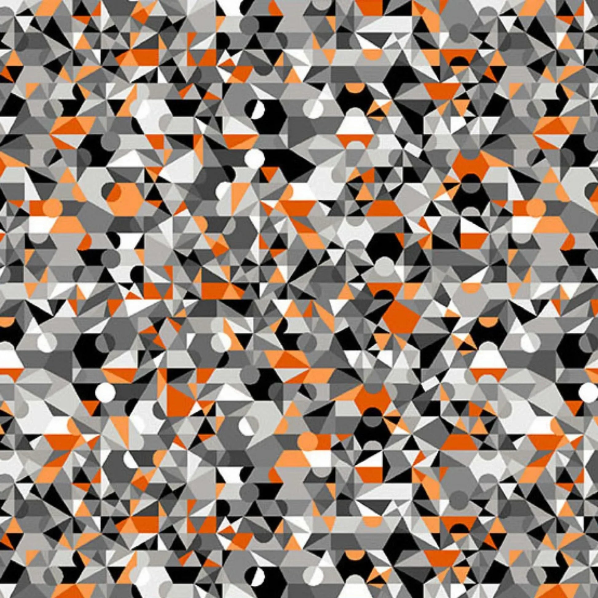 A busy, geometric design of overlapping circles and angular shapes in black, white, and grey tones, highlighted with vibrant orange accents