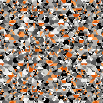 A busy, geometric design of overlapping circles and angular shapes in black, white, and grey tones, highlighted with vibrant orange accents