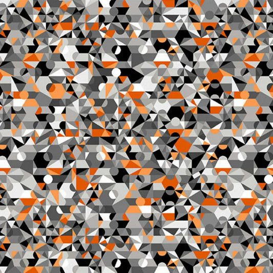 A busy, geometric design of overlapping circles and angular shapes in black, white, and grey tones, highlighted with vibrant orange accents