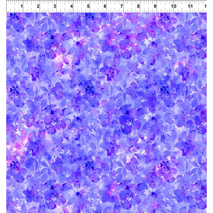 Pattern of small purple flowers on a light blue background with a ruler for scale