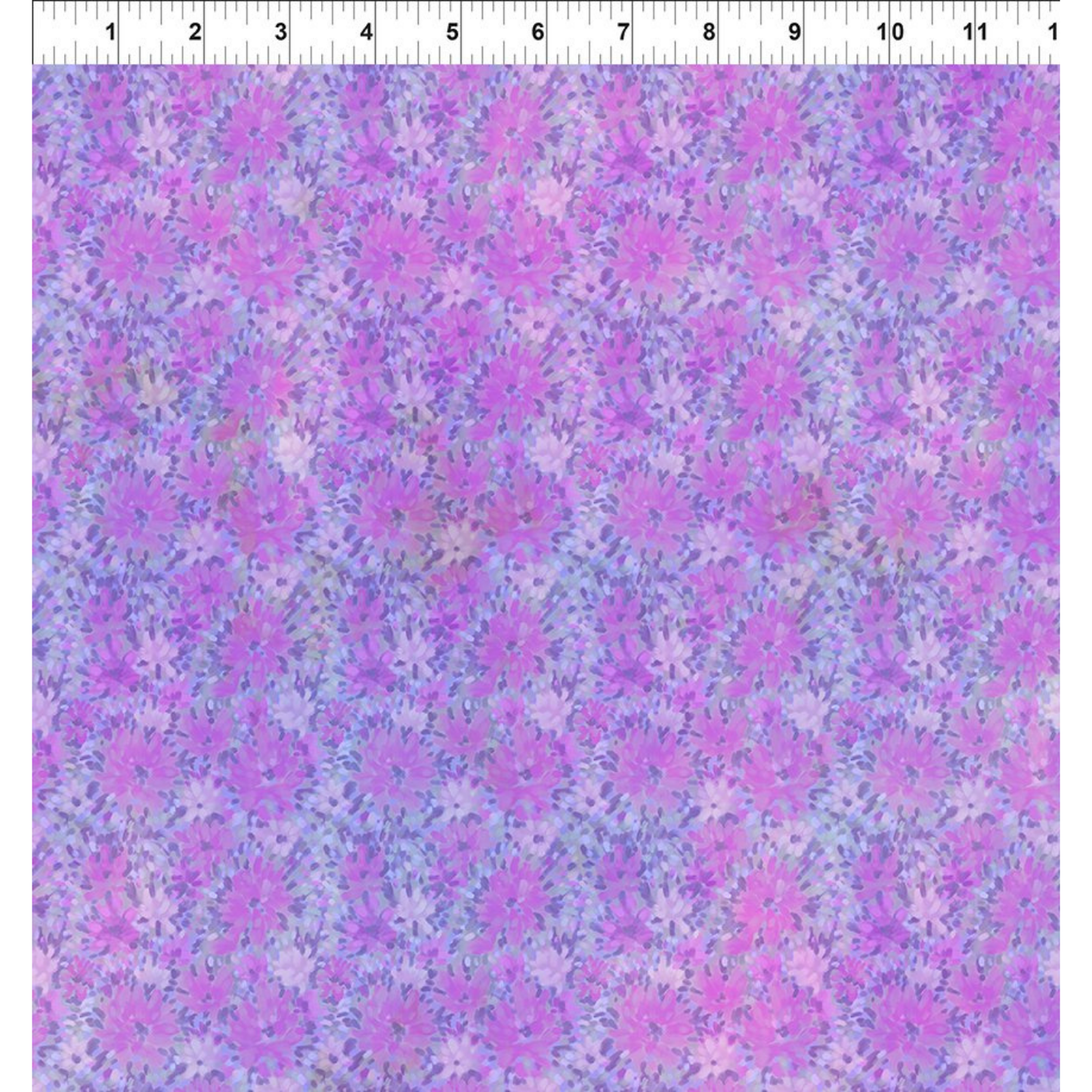 Floral pattern with small pink flowers on a light purple background with a ruler for scale