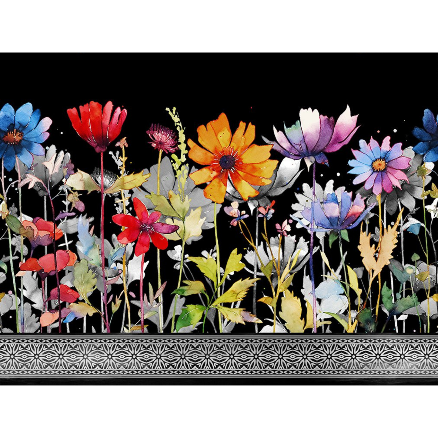 Colorful floral design on a black background with a decorative border.