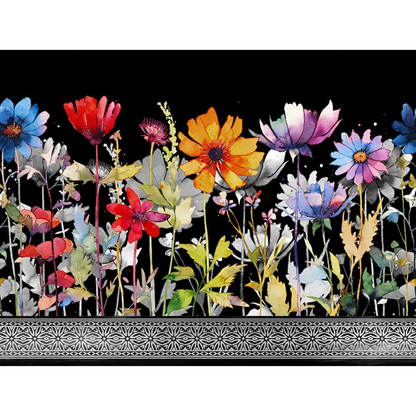 Colorful floral design on a black background with a decorative border.