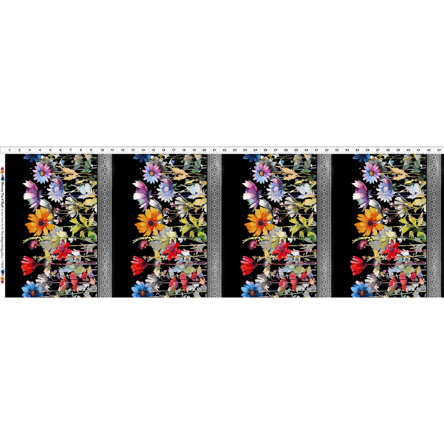 Four colorful floral stripes on a black background with a ruler for scale