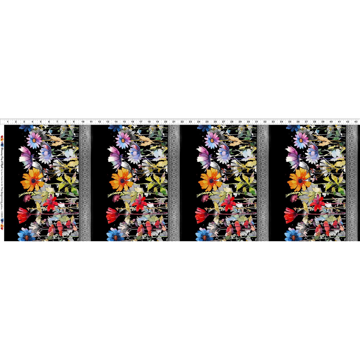 Four colorful floral stripes on a black background with a ruler for scale