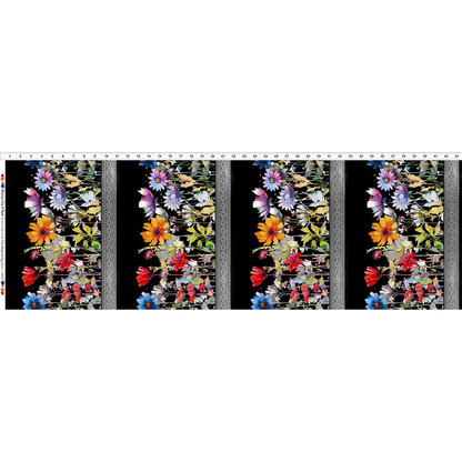 Four colorful floral stripes on a black background with a ruler for scale