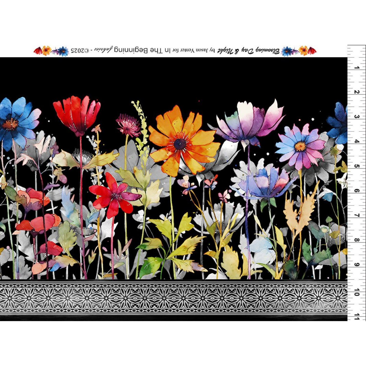 Colorful floral design on a black background with a ruler for scale.