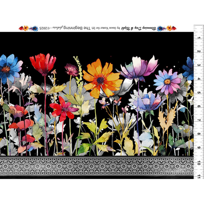 Colorful floral design on a black background with a ruler for scale.
