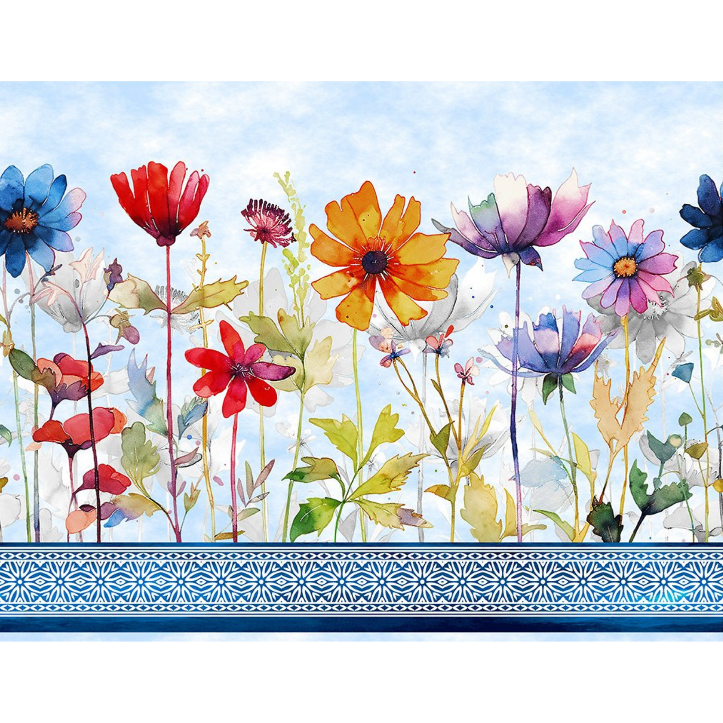 Colorful floral design with a decorative border on a light blue background