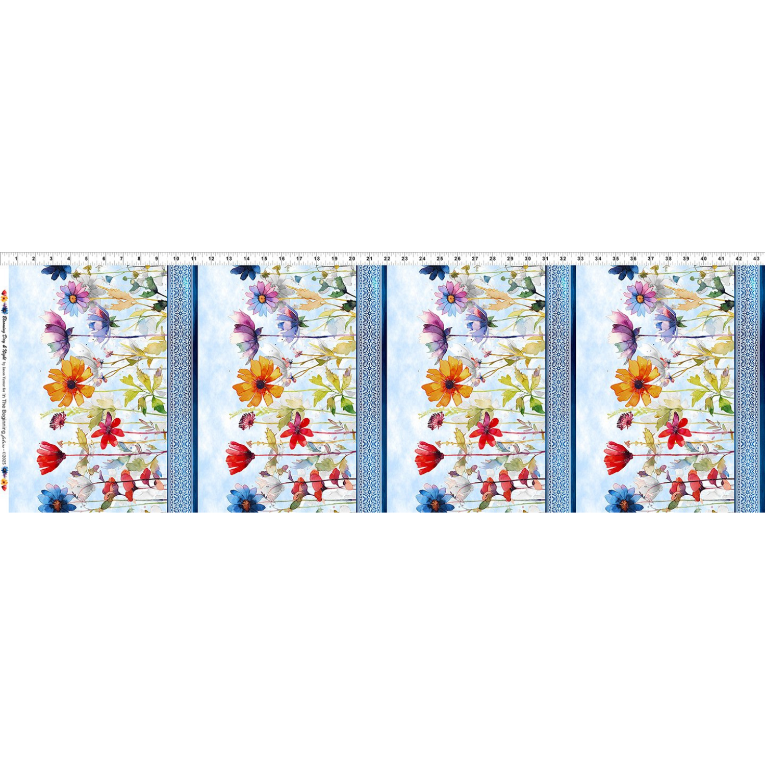 Colorful floral stripes on a light blue background with a ruler for scale