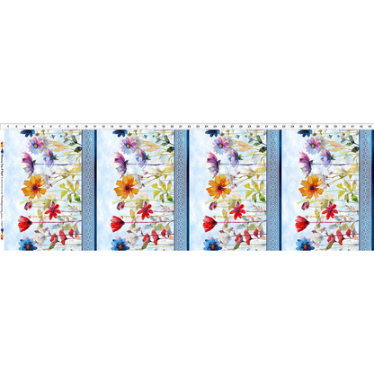 Colorful floral stripes on a light blue background with a ruler for scale