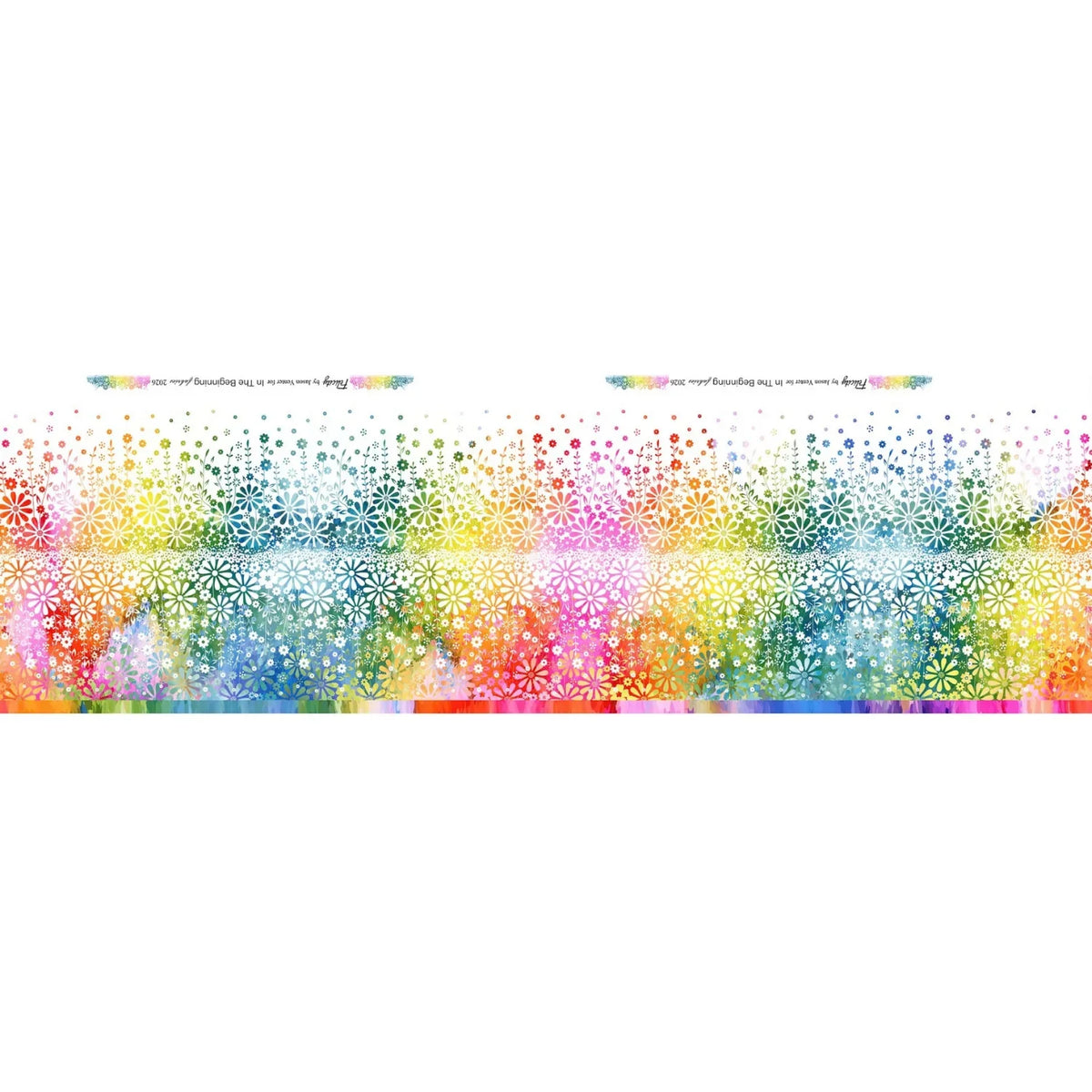 A horizontal stripe of colorful floral-patterned quilting fabric on a white background, featuring a rainbow gradient of pastel and bright colors.