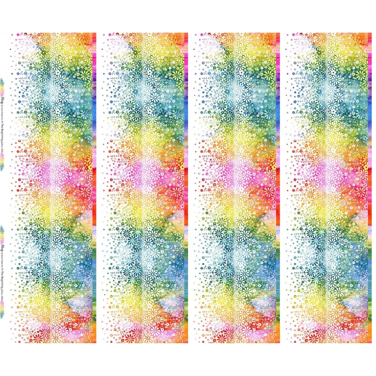 Fabric with four vertical stripes of colorful rainbow flowers, shown on a white background.