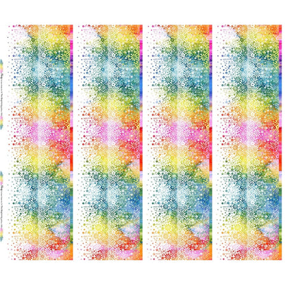 Fabric with four vertical stripes of colorful rainbow flowers, shown on a white background.