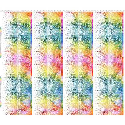 Fabric with four vertical stripes of colorful rainbow flowers, shown on a white background. Ruler along the top for scale.