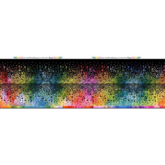 Fabric featuring a horizontal stripe of wildflowers shifting in a rainbow gradient against a deep black background.