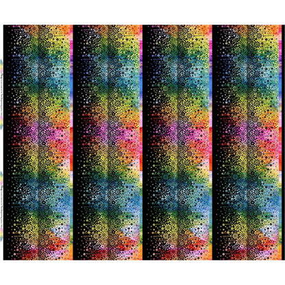 Fabric with four vertical stripes of colorful rainbow flowers, shown on a black background.