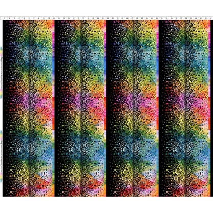 Fabric with four vertical stripes of colorful rainbow flowers, shown on a black background. Ruler along the top edge for scale.