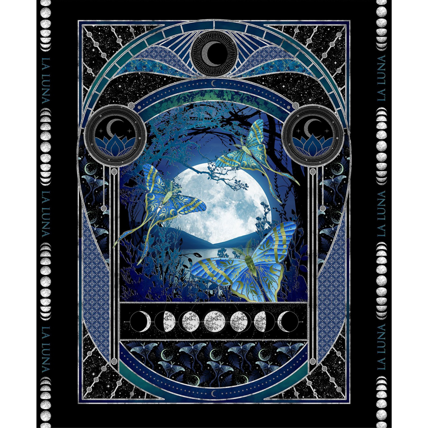 Large fabric panel with blue, teal, and silver lunar moths and moon phases on a black background.