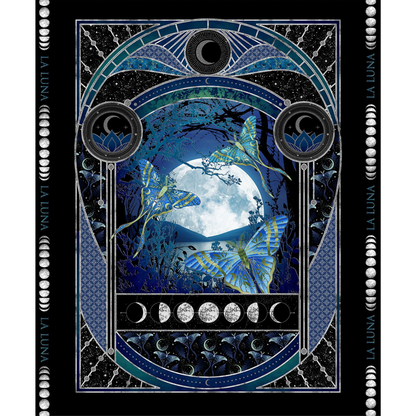 Large fabric panel with blue, teal, and silver lunar moths and moon phases on a black background.