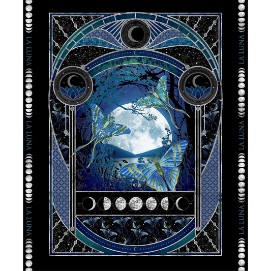 Large fabric panel with blue, teal, and silver lunar moths and moon phases on a black background.