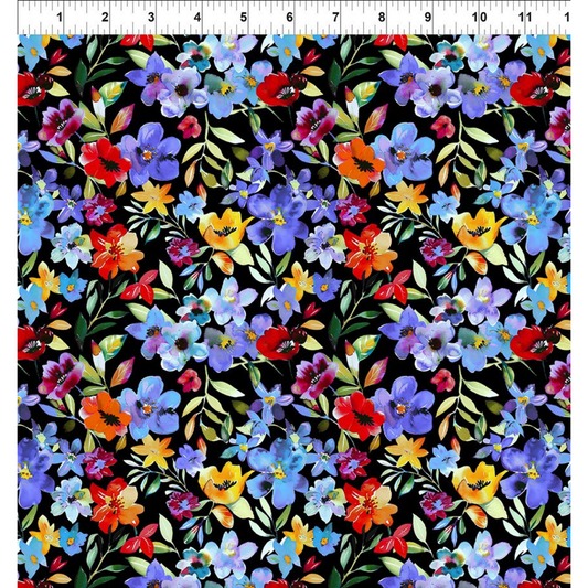 Colorful floral pattern on a black background with a ruler for scale