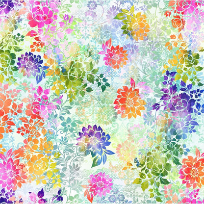 A seamless watercolor floral pattern featuring vibrant multicolored flowers and delicate green leaves on a light, textured background.