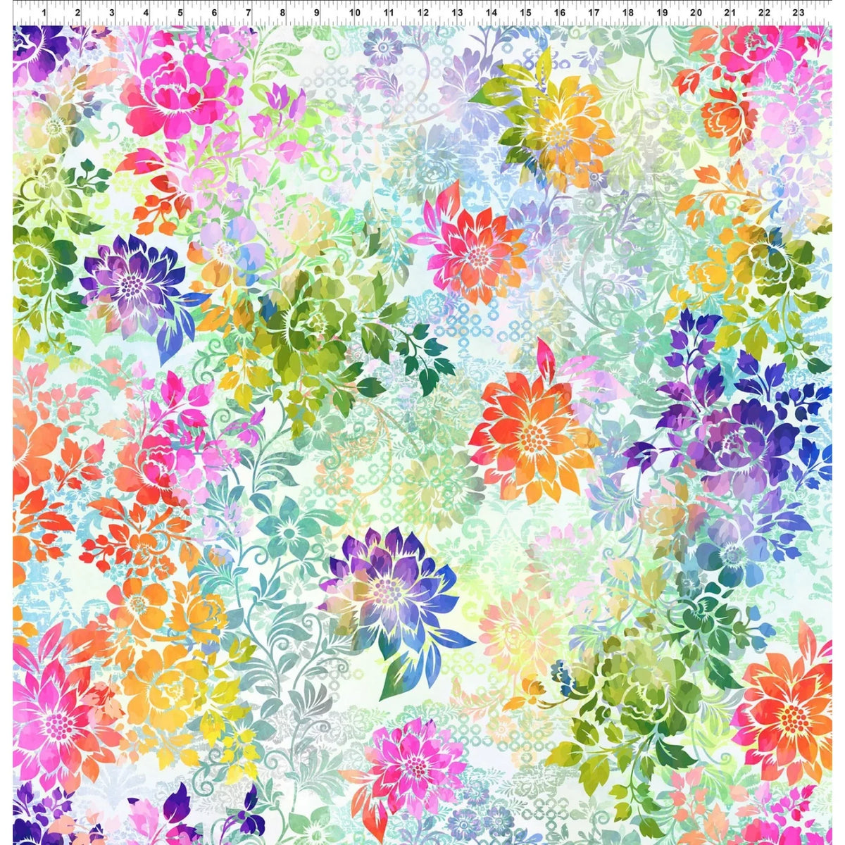 A seamless watercolor floral patterned fabric featuring vibrant multicolored flowers and delicate green leaves on a light, textured background. Ruler at the top for scale.