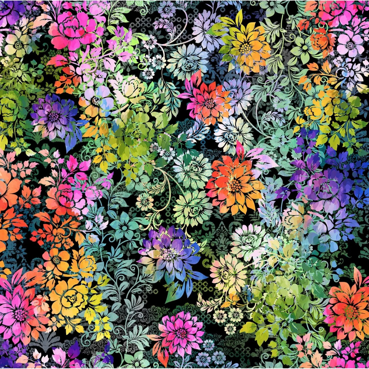 A dense, colorful floral pattern featuring a variety of flowers in pink, orange, yellow, green, blue, and purple on a black background.