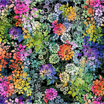 A dense, colorful floral pattern featuring a variety of flowers in pink, orange, yellow, green, blue, and purple on a black background.
