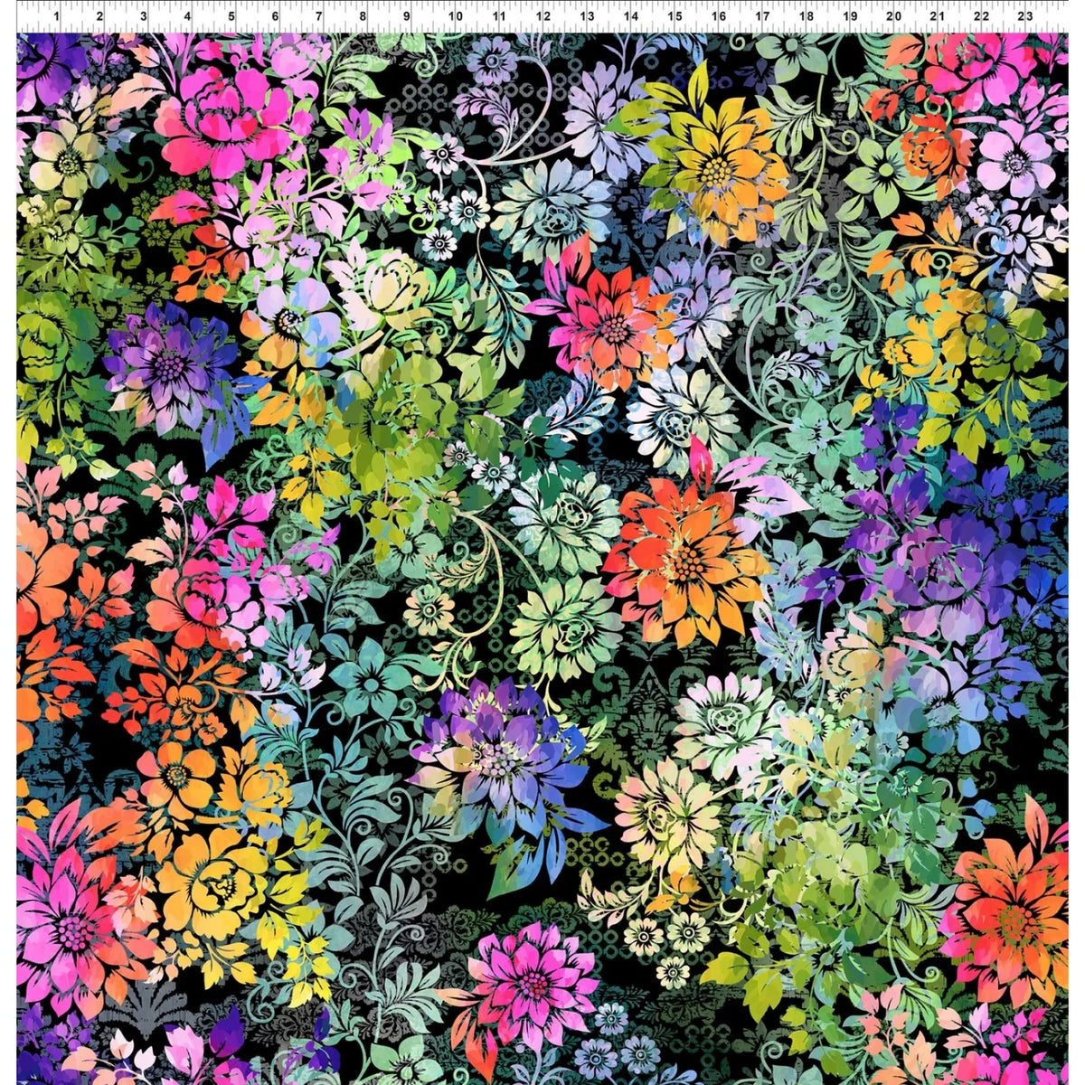 A dense, colorful floral patterned fabric featuring a variety of flowers in pink, orange, yellow, green, blue, and purple on a black background. Ruler at the top for scale.
