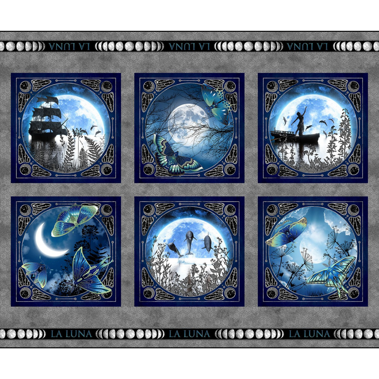 Blue and silver fabric panel with six blocks featuring moon and nature designs.
