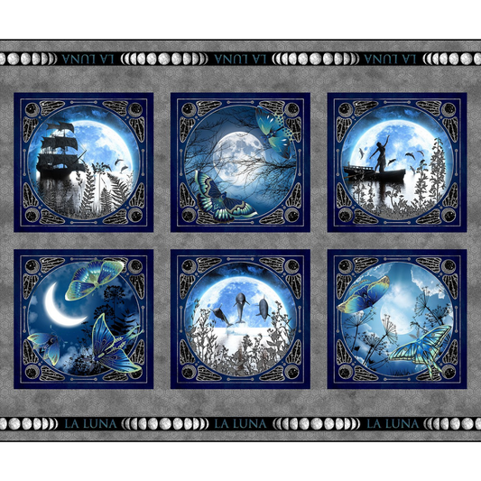 Blue and silver fabric panel with six blocks featuring moon and nature designs.